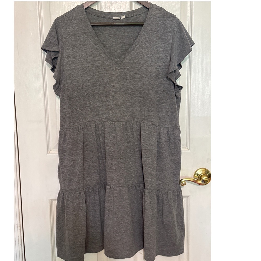 Gap Tiered Mini Dress Womens XL Gray  V-Neck Flutter Sleeve Pockets